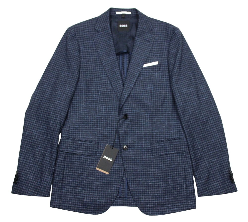 Boss Hutson Sport Coat 40 L Mens Slim fit Navy Check Wool Cotton Linen Blazer